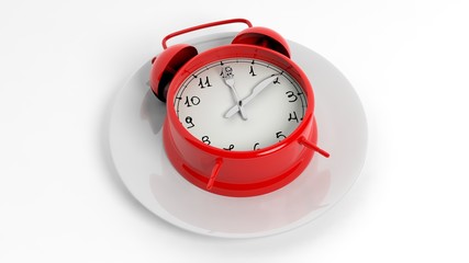 Red alarm clock with fork and knife pointers on plate, isolated on white background.