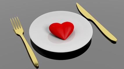 Heart on plate with golden fork and knife, isolated on black background.