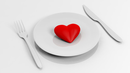 Heart on plate with fork and knife, isolated on white background.