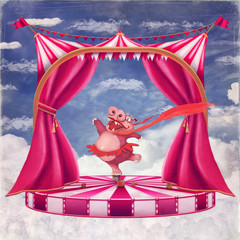Illustration of a circus with a cartoon hippo in a tutu dancing