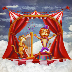 Illustration of cute circus  animals on stage in sky  

