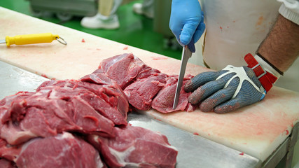 Butcher Cutting Pork Meat into Pieces for a Meat Market