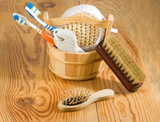 bath accessories on the wooden table