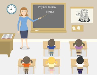 A vector illustration of teacher teaching physics in a classroom