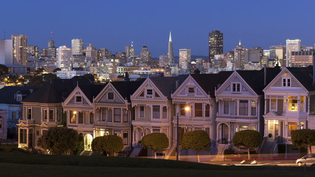 4K Time lapse zoom in Painted Ladies San Francisco sunset
