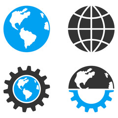 Global Industry vector icons. Style is flat bicolored symbols painted with blue and gray colors on a white background, angles are rounded.