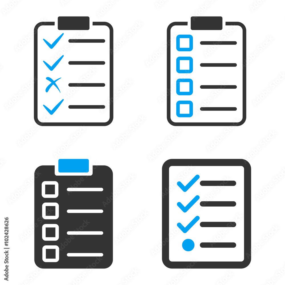 Poster task list pad vector icons. style is flat bicolored symbols painted with blue and gray colors on a w