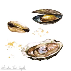 Schilderijen op glas Watercolor Food Clipart - Oyster and Mussel © nataliahubbert