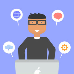 Workspace with man  laptop. Vector illustration