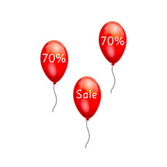 Fun balloons advertising the sale at low prices. 70% discount on the products. Sale at discount prices. Closeout large. Red balloons on white background. Festive picture with gel balls. Black Friday.