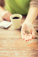 Fototapeta na wymiar close up of woman hand holding seeds