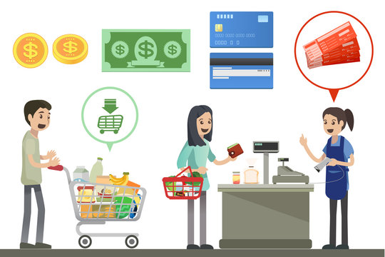 People are shopping in supermarkets - Vector Illustration, Graphic Design
