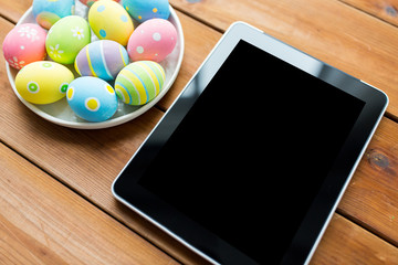 close up of easter eggs and blank tablet pc