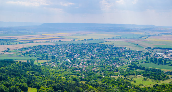 aerial view of bulgarian city madara situated on the shumen plateau and famous for its carving of konnik.