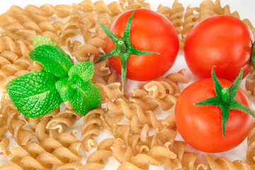Raw pasta and vegetables.