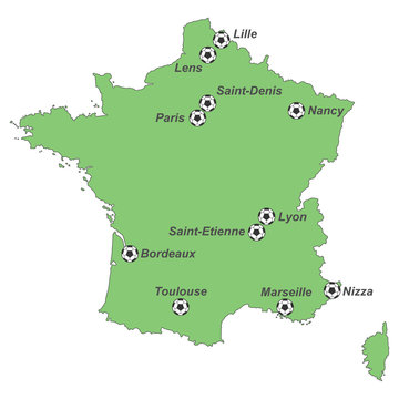 EM 2016 - Karte von Frankreich mit EM-Stadien (grün)