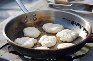 Pancake doing in street in traditional lithuanian carnival in February