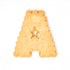 letter A made of cracker cookie isolated on white background.