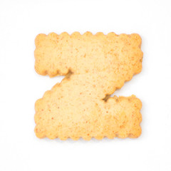 letter Z made of cracker cookie isolated on white background.