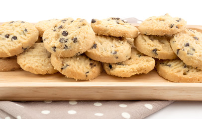 Chocolate chip cookies on white background