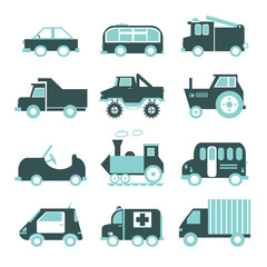 Obraz na płótnie Canvas Flat funny cartoon road transport icon set. Ambulance, train, tr