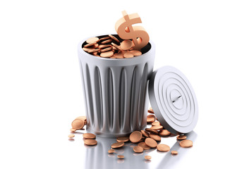 3d Trash bin with gold coins.