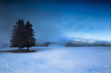 mountains in winter with dense fog