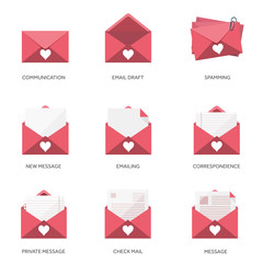 Vector illustration. Flat background with envelope. Love, hearts. Valentines day. Be my valentine. 14 february.  Message.