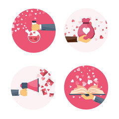 Vector illustration. Flat background with hand, bag, book, loudspeaker, potion. Love, hearts. Valentines day. Be my valentine. 14 february.  Message.