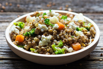 Buckwheat with  vegetables and feta cheese