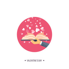 Vector illustration. Flat background with book. Love, hearts. Valentines day. Be my valentine. 14 february. 
