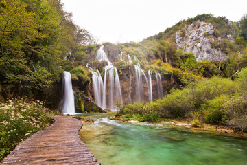Stunning autumn view on the waterfalls  in Plitvice national park, an UNESCO world heritage site, in Croatia. 