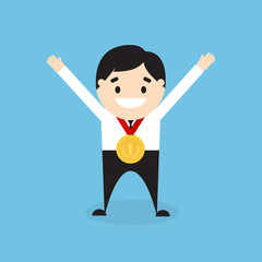 Cartoon businessman with the gold medal. Vector illustration