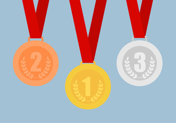 Set of gold, bronze and silver medals on red ribbons. Vector ill