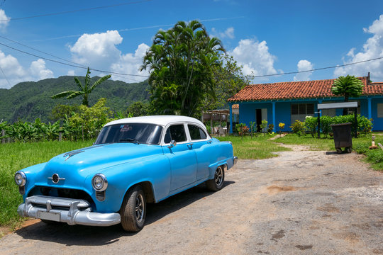 Blue american car in Vinales, Cuba