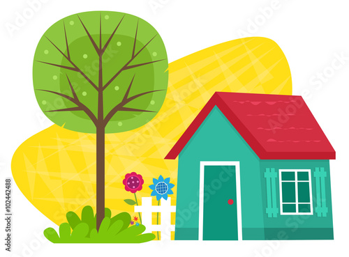 Small House With Tree - Small blue house with a fence, flowers and a tree. Eps10