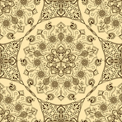 Vector seamless texture with floral mandala in indian style. Mehndi ornamental pattern