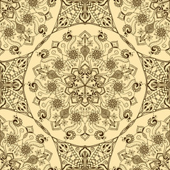Vector seamless texture with floral mandala in indian style. Mehndi ornamental pattern