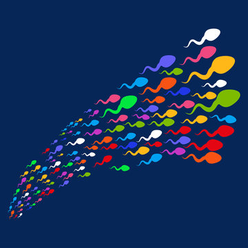 Moving Microbe Stream vector illustration. Style is bright multicolored flat objects, blue background.