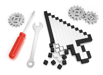 Repairing Computer Crash. Composition on the subject of 'Computer Technical Service'. 3D rendered graphics on white background.