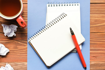 Office desk table with supplies and crumpled paper. Top view. Copy space for text