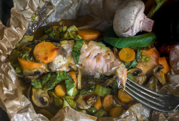 Chinese style salmon with pok choi, carrots and mushrooms
