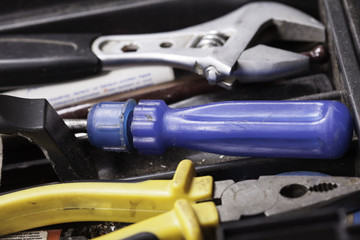 toolbox with repair hand tools closeup