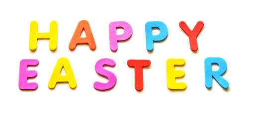 Text of colorful letters Happy Easter on the white background. Isolated