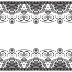 Indian mehndi border element with flowers pattern card for tattoo on white background.