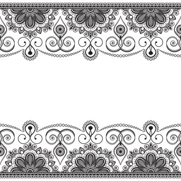 Indian mehndi border element with flowers pattern card for tattoo on white background.