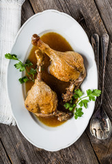 Roasted duck legs on white plate