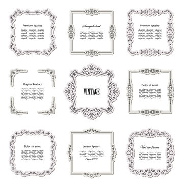 Vintage calligraphic square frame set isolated on white.