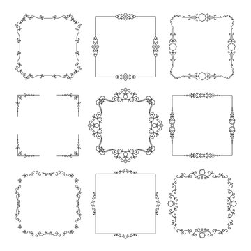 Vintage calligraphic square frame set isolated on white.
