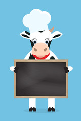 Cute cow chef holding black board in hands. Vector illustration